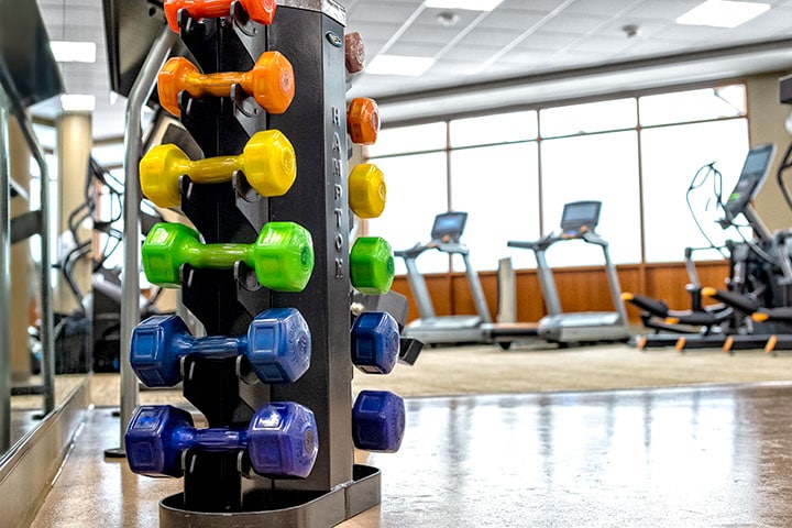 Wells Fargo Place fitness center, photo of colorful dumbells