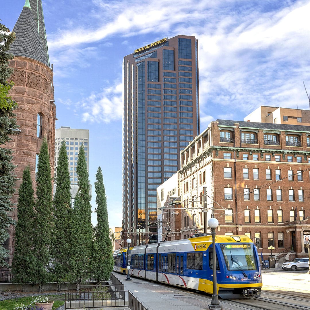 Wells Fargo Place landscape shot with the Metro Transit Greenline